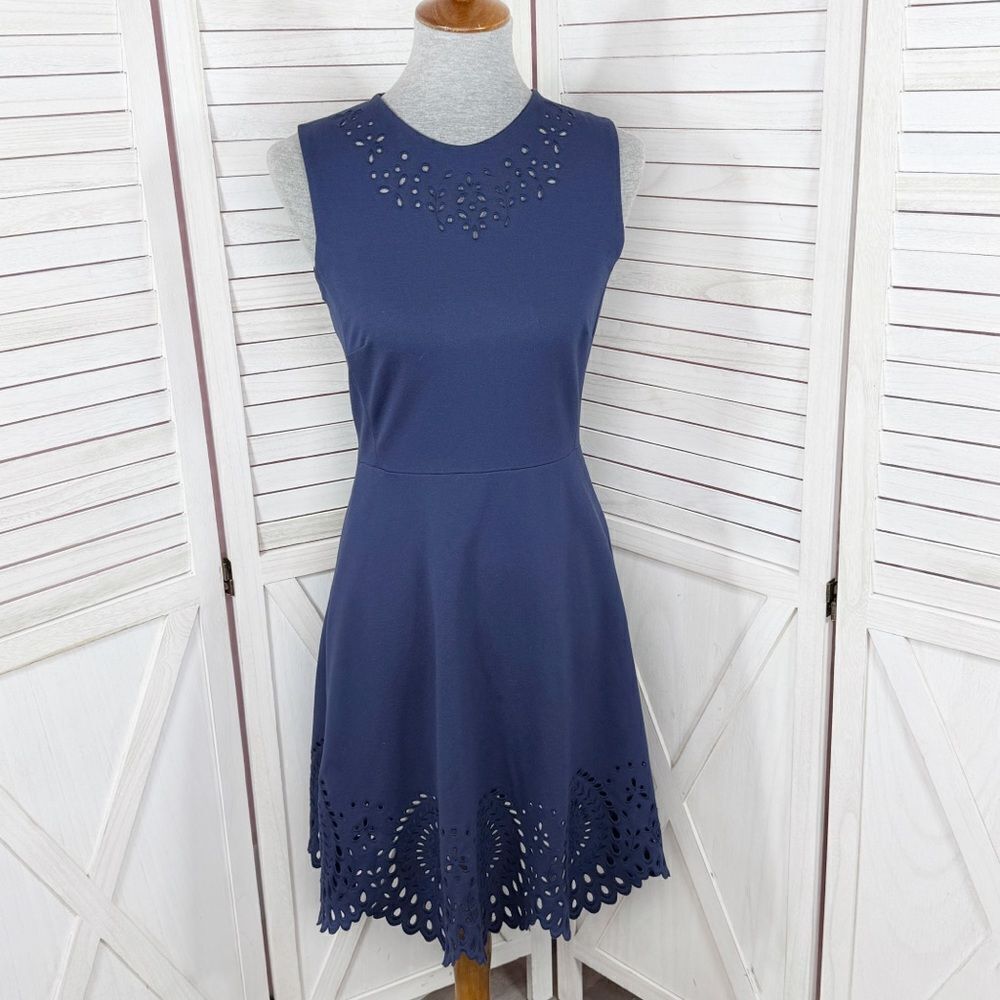 Kate Spade Eyelet Cutwork Sleeveless Ponte Knit Dress Blue 4 Fit Flare A Line